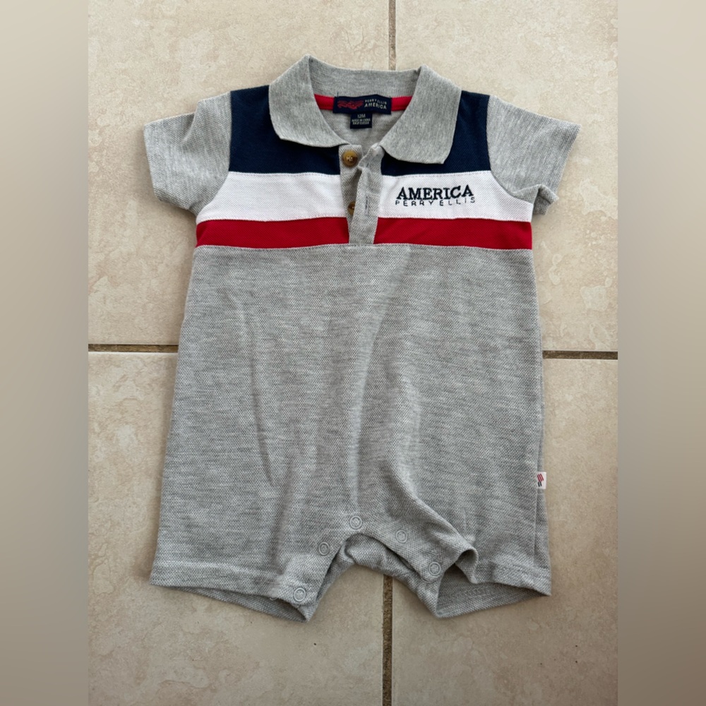 Gray Kids Polo Shirt with Red and Blue Stripes